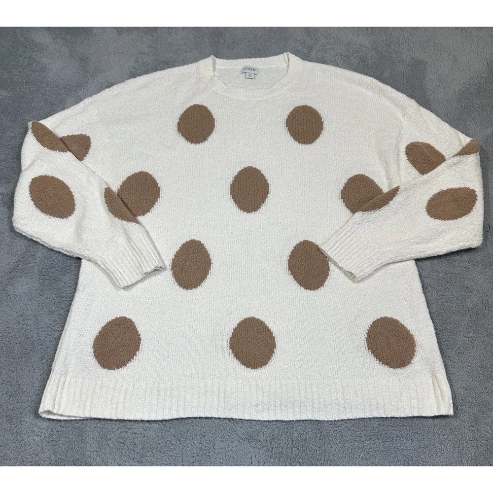 J Crew Sweater Womens 2X Cream Tan Polka Dot Crewneck Preppy